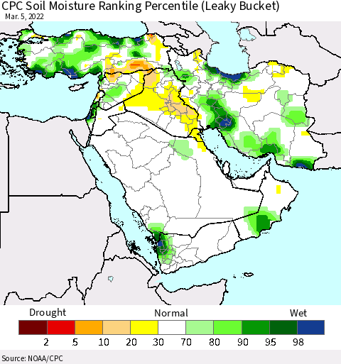 Middle East and Turkey CPC Soil Moisture Ranking Percentile (Leaky Bucket) Thematic Map For 3/1/2022 - 3/5/2022