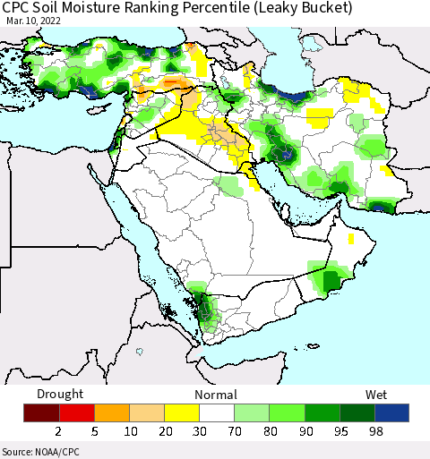 Middle East and Turkey CPC Soil Moisture Ranking Percentile (Leaky Bucket) Thematic Map For 3/6/2022 - 3/10/2022