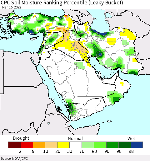 Middle East and Turkey CPC Soil Moisture Ranking Percentile (Leaky Bucket) Thematic Map For 3/11/2022 - 3/15/2022