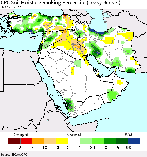 Middle East and Turkey CPC Soil Moisture Ranking Percentile (Leaky Bucket) Thematic Map For 3/21/2022 - 3/25/2022