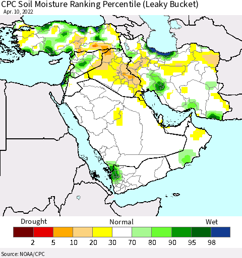 Middle East and Turkey CPC Soil Moisture Ranking Percentile (Leaky Bucket) Thematic Map For 4/6/2022 - 4/10/2022