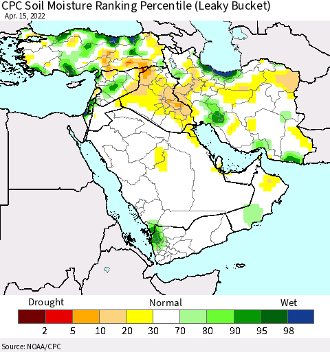 Middle East and Turkey CPC Soil Moisture Ranking Percentile (Leaky Bucket) Thematic Map For 4/11/2022 - 4/15/2022