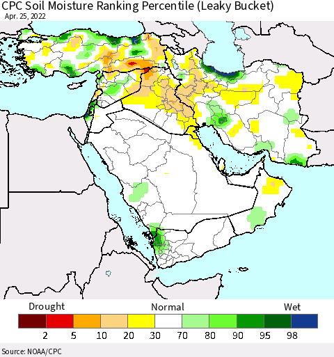 Middle East and Turkey CPC Soil Moisture Ranking Percentile (Leaky Bucket) Thematic Map For 4/21/2022 - 4/25/2022
