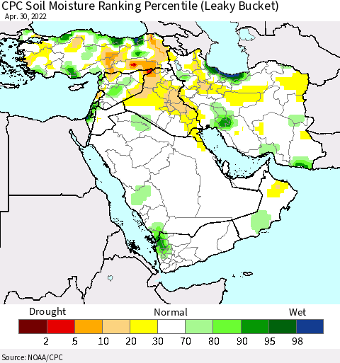 Middle East and Turkey CPC Soil Moisture Ranking Percentile (Leaky Bucket) Thematic Map For 4/26/2022 - 4/30/2022