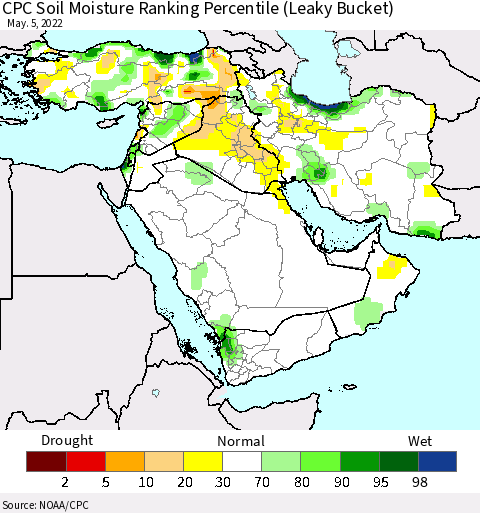 Middle East and Turkey CPC Soil Moisture Ranking Percentile (Leaky Bucket) Thematic Map For 5/1/2022 - 5/5/2022