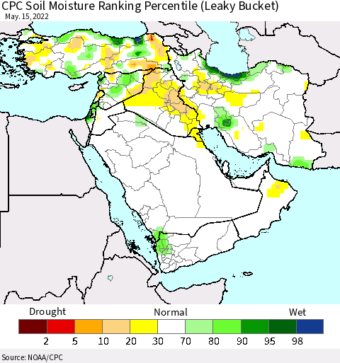 Middle East and Turkey CPC Soil Moisture Ranking Percentile (Leaky Bucket) Thematic Map For 5/11/2022 - 5/15/2022