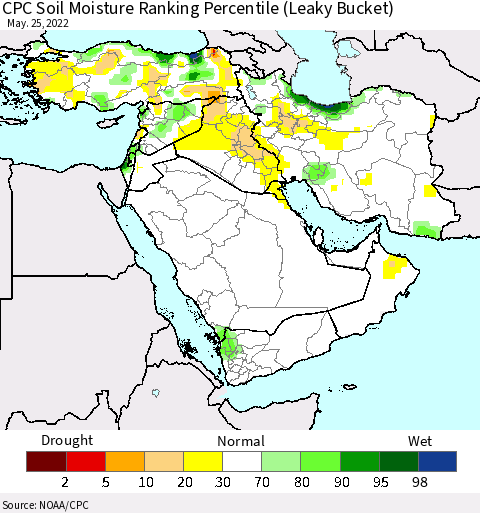 Middle East and Turkey CPC Soil Moisture Ranking Percentile (Leaky Bucket) Thematic Map For 5/21/2022 - 5/25/2022
