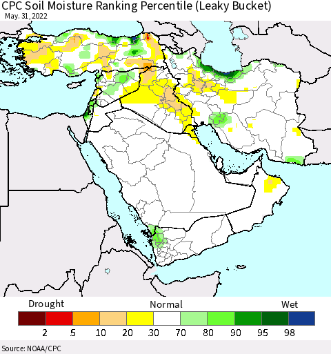 Middle East and Turkey CPC Soil Moisture Ranking Percentile (Leaky Bucket) Thematic Map For 5/26/2022 - 5/31/2022