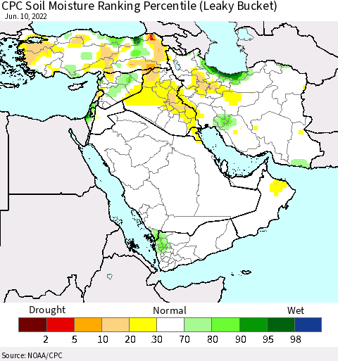 Middle East and Turkey CPC Soil Moisture Ranking Percentile (Leaky Bucket) Thematic Map For 6/6/2022 - 6/10/2022