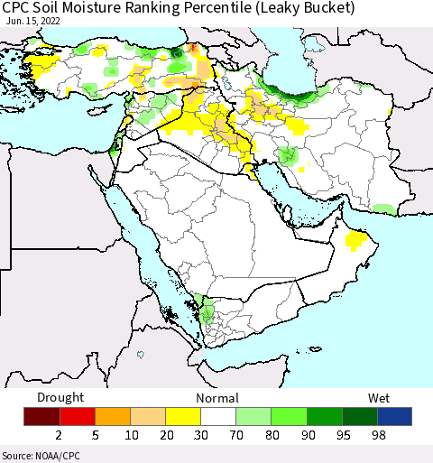 Middle East and Turkey CPC Soil Moisture Ranking Percentile (Leaky Bucket) Thematic Map For 6/11/2022 - 6/15/2022
