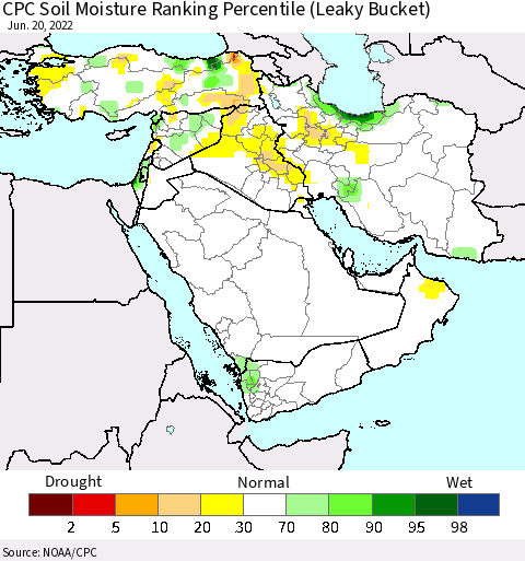 Middle East and Turkey CPC Soil Moisture Ranking Percentile (Leaky Bucket) Thematic Map For 6/16/2022 - 6/20/2022