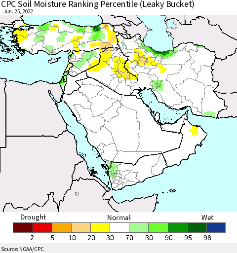 Middle East and Turkey CPC Soil Moisture Ranking Percentile (Leaky Bucket) Thematic Map For 6/21/2022 - 6/25/2022