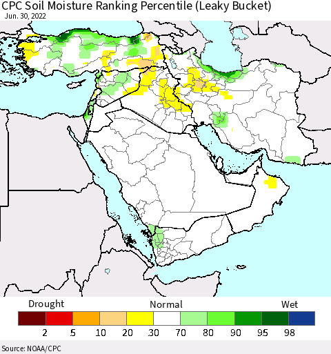 Middle East and Turkey CPC Soil Moisture Ranking Percentile (Leaky Bucket) Thematic Map For 6/26/2022 - 6/30/2022