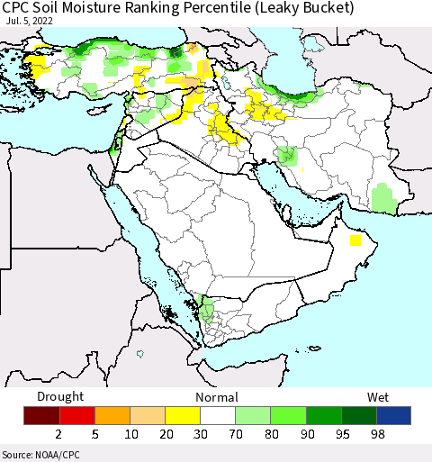 Middle East and Turkey CPC Soil Moisture Ranking Percentile (Leaky Bucket) Thematic Map For 7/1/2022 - 7/5/2022