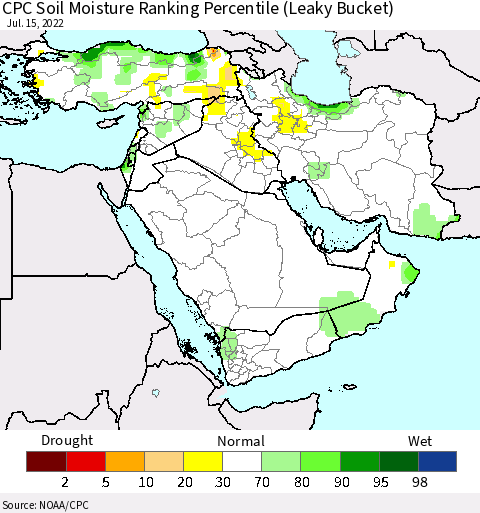 Middle East and Turkey CPC Soil Moisture Ranking Percentile (Leaky Bucket) Thematic Map For 7/11/2022 - 7/15/2022