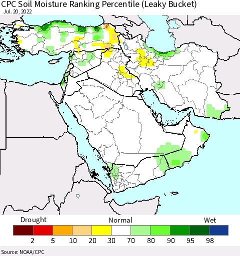 Middle East and Turkey CPC Soil Moisture Ranking Percentile (Leaky Bucket) Thematic Map For 7/16/2022 - 7/20/2022