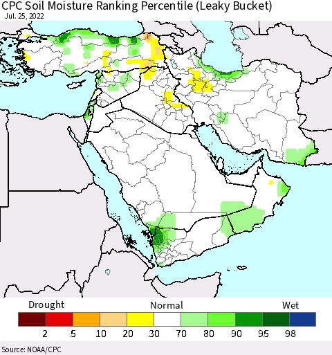 Middle East and Turkey CPC Soil Moisture Ranking Percentile (Leaky Bucket) Thematic Map For 7/21/2022 - 7/25/2022