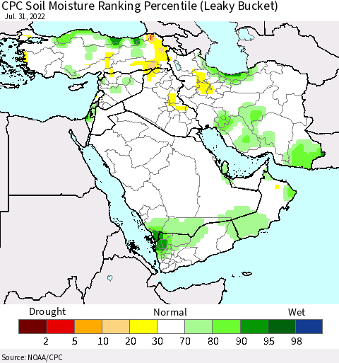 Middle East and Turkey CPC Soil Moisture Ranking Percentile (Leaky Bucket) Thematic Map For 7/26/2022 - 7/31/2022