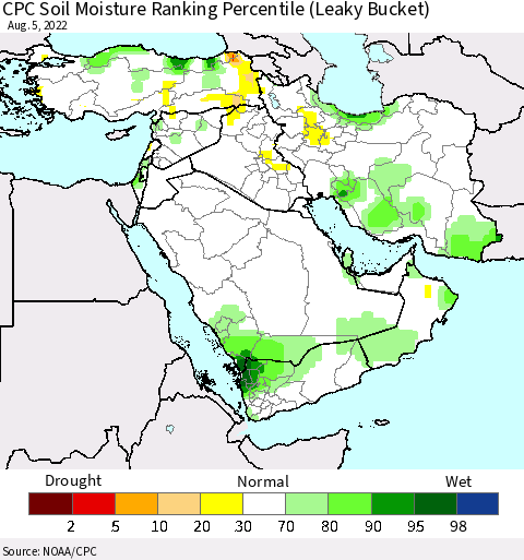 Middle East and Turkey CPC Soil Moisture Ranking Percentile (Leaky Bucket) Thematic Map For 8/1/2022 - 8/5/2022