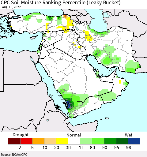 Middle East and Turkey CPC Soil Moisture Ranking Percentile (Leaky Bucket) Thematic Map For 8/6/2022 - 8/10/2022