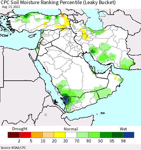 Middle East and Turkey CPC Soil Moisture Ranking Percentile (Leaky Bucket) Thematic Map For 8/11/2022 - 8/15/2022