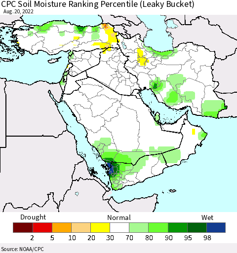 Middle East and Turkey CPC Soil Moisture Ranking Percentile (Leaky Bucket) Thematic Map For 8/16/2022 - 8/20/2022