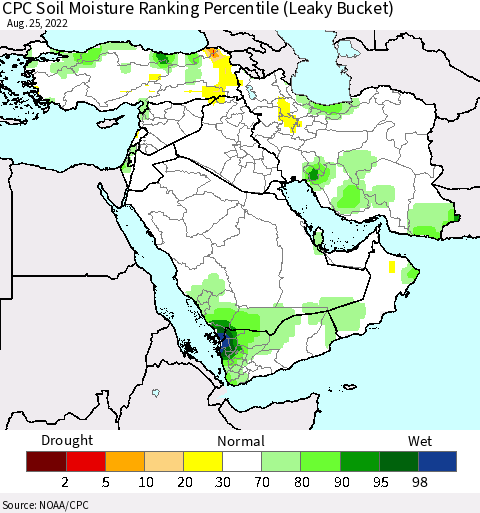 Middle East and Turkey CPC Soil Moisture Ranking Percentile (Leaky Bucket) Thematic Map For 8/21/2022 - 8/25/2022