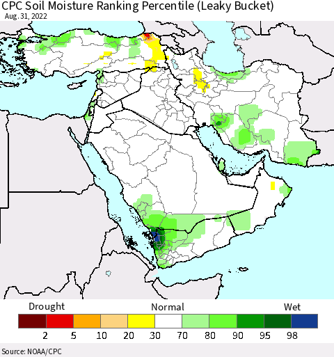 Middle East and Turkey CPC Soil Moisture Ranking Percentile (Leaky Bucket) Thematic Map For 8/26/2022 - 8/31/2022