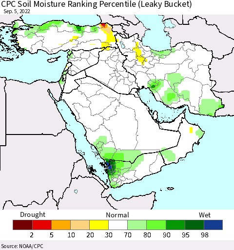 Middle East and Turkey CPC Soil Moisture Ranking Percentile (Leaky Bucket) Thematic Map For 9/1/2022 - 9/5/2022