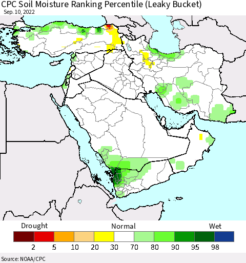 Middle East and Turkey CPC Soil Moisture Ranking Percentile (Leaky Bucket) Thematic Map For 9/6/2022 - 9/10/2022