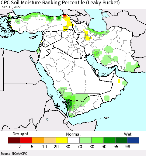 Middle East and Turkey CPC Soil Moisture Ranking Percentile (Leaky Bucket) Thematic Map For 9/11/2022 - 9/15/2022