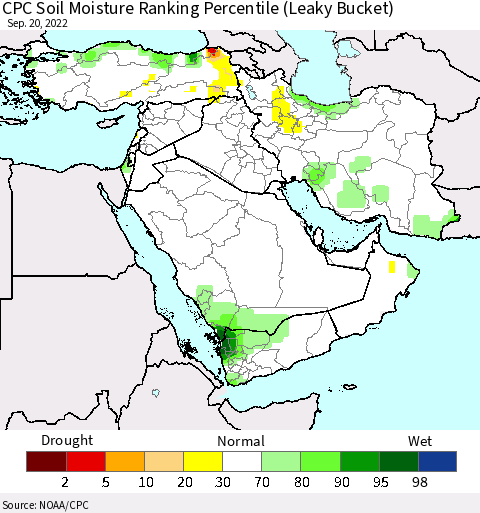 Middle East and Turkey CPC Soil Moisture Ranking Percentile (Leaky Bucket) Thematic Map For 9/16/2022 - 9/20/2022