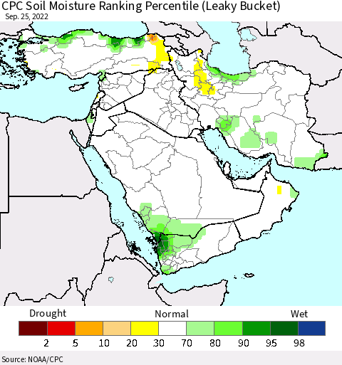 Middle East and Turkey CPC Soil Moisture Ranking Percentile (Leaky Bucket) Thematic Map For 9/21/2022 - 9/25/2022