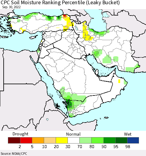 Middle East and Turkey CPC Soil Moisture Ranking Percentile (Leaky Bucket) Thematic Map For 9/26/2022 - 9/30/2022