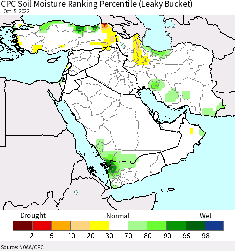 Middle East and Turkey CPC Soil Moisture Ranking Percentile (Leaky Bucket) Thematic Map For 10/1/2022 - 10/5/2022