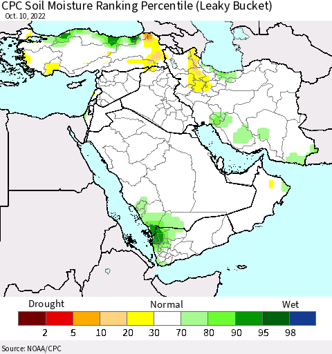 Middle East and Turkey CPC Soil Moisture Ranking Percentile (Leaky Bucket) Thematic Map For 10/6/2022 - 10/10/2022
