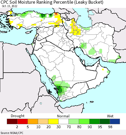 Middle East and Turkey CPC Soil Moisture Ranking Percentile (Leaky Bucket) Thematic Map For 10/11/2022 - 10/15/2022
