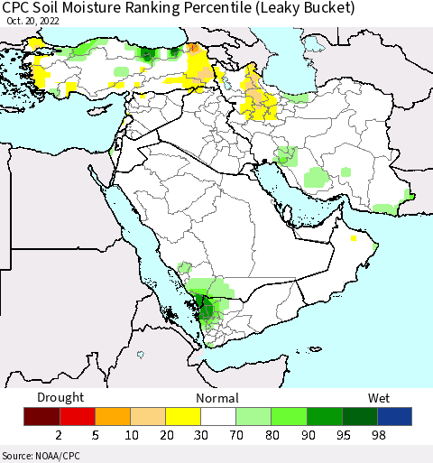 Middle East and Turkey CPC Soil Moisture Ranking Percentile (Leaky Bucket) Thematic Map For 10/16/2022 - 10/20/2022
