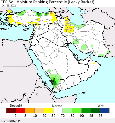 Middle East and Turkey CPC Soil Moisture Ranking Percentile (Leaky Bucket) Thematic Map For 10/21/2022 - 10/25/2022