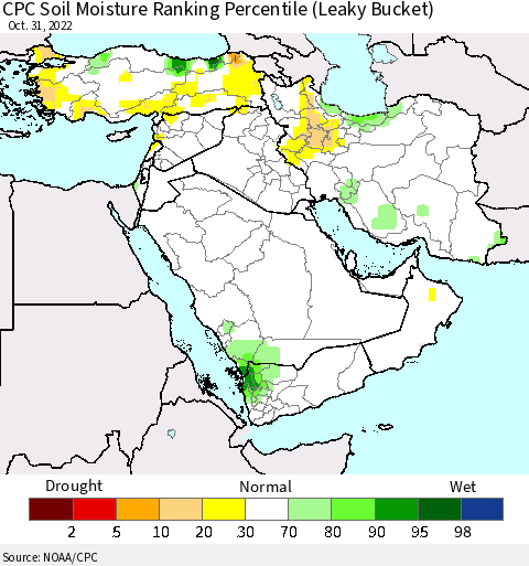 Middle East and Turkey CPC Soil Moisture Ranking Percentile (Leaky Bucket) Thematic Map For 10/26/2022 - 10/31/2022