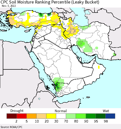 Middle East and Turkey CPC Soil Moisture Ranking Percentile (Leaky Bucket) Thematic Map For 11/1/2022 - 11/5/2022