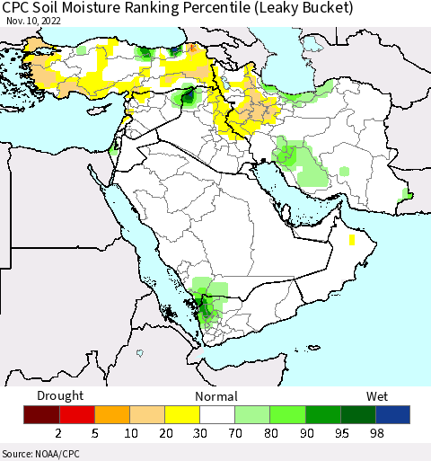 Middle East and Turkey CPC Soil Moisture Ranking Percentile (Leaky Bucket) Thematic Map For 11/6/2022 - 11/10/2022
