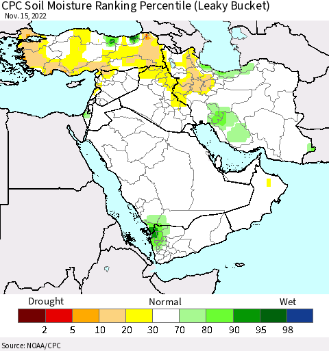Middle East and Turkey CPC Soil Moisture Ranking Percentile (Leaky Bucket) Thematic Map For 11/11/2022 - 11/15/2022