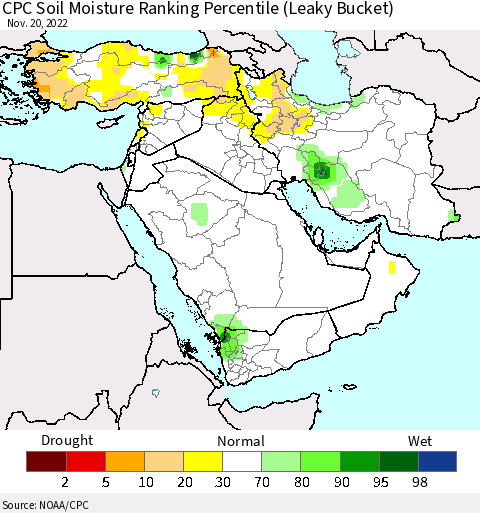Middle East and Turkey CPC Soil Moisture Ranking Percentile (Leaky Bucket) Thematic Map For 11/16/2022 - 11/20/2022