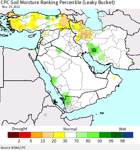 Middle East and Turkey CPC Soil Moisture Ranking Percentile (Leaky Bucket) Thematic Map For 11/21/2022 - 11/25/2022
