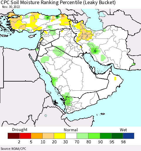 Middle East and Turkey CPC Soil Moisture Ranking Percentile (Leaky Bucket) Thematic Map For 11/26/2022 - 11/30/2022