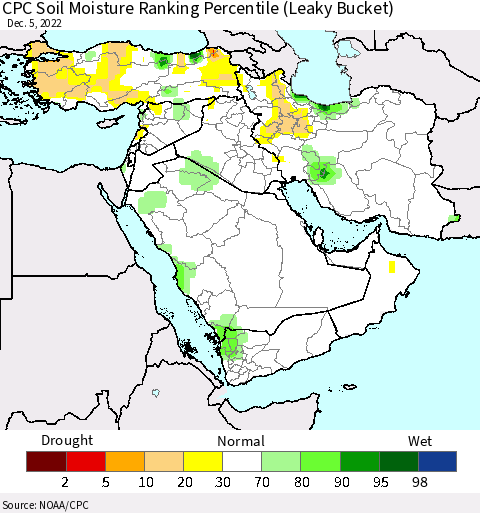 Middle East and Turkey CPC Soil Moisture Ranking Percentile (Leaky Bucket) Thematic Map For 12/1/2022 - 12/5/2022