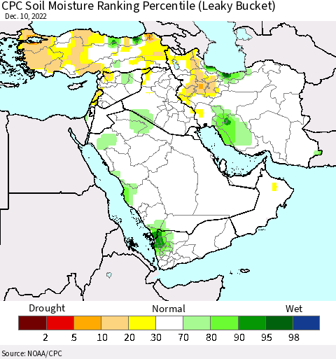 Middle East and Turkey CPC Soil Moisture Ranking Percentile (Leaky Bucket) Thematic Map For 12/6/2022 - 12/10/2022