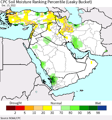 Middle East and Turkey CPC Soil Moisture Ranking Percentile (Leaky Bucket) Thematic Map For 12/11/2022 - 12/15/2022