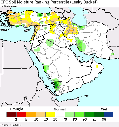 Middle East and Turkey CPC Soil Moisture Ranking Percentile (Leaky Bucket) Thematic Map For 12/16/2022 - 12/20/2022